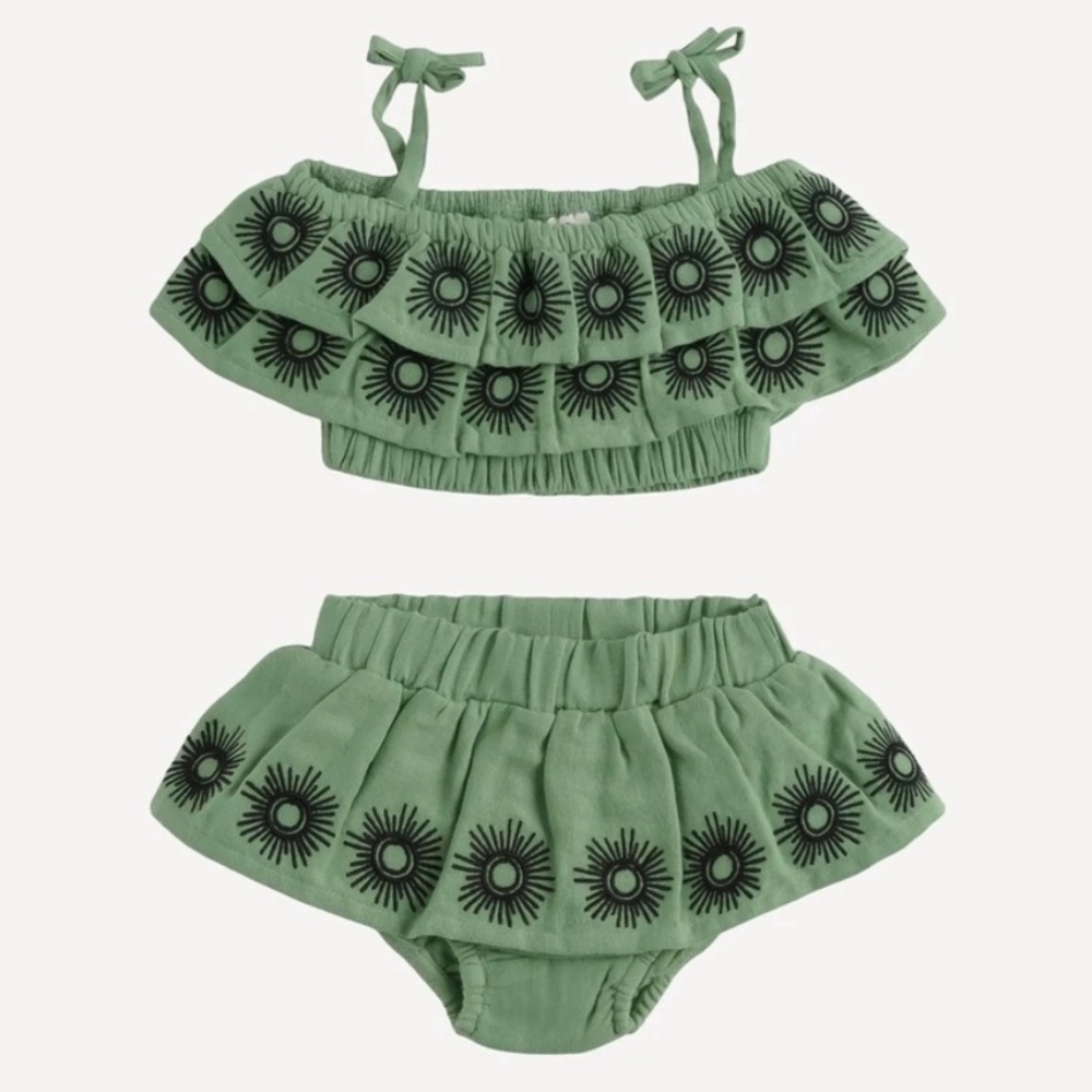 2-PIECE DOUBLE RUFFLE SUN EMBROIDERED SUNSUIT | MISTLETOE | ORGANIC COTTON GAUZE